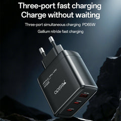 GaN Charger - YESIDO YC144 EU Plug 65W GaN Charger 2 USB C + 1 USB A Fast Charging Adapter Multi-Protocol Compatible