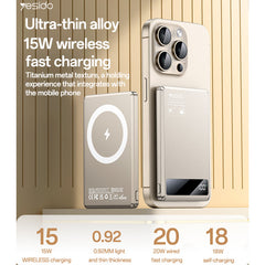 Power Bank - YESIDO YP66 5000mAh 15W Wireless Fast Charging Digital Display Power Aluminum Alloy Magnetic Power Bank