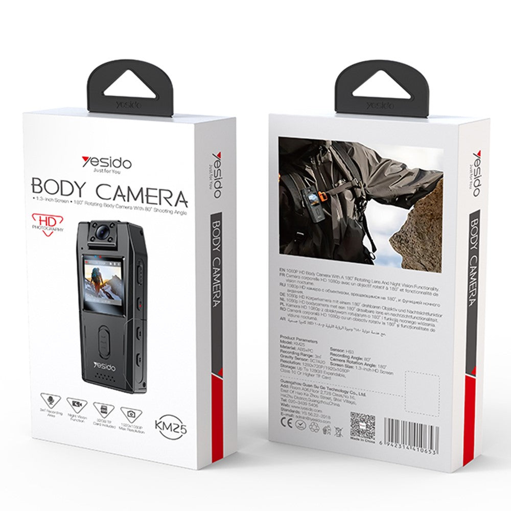 Body Camera - YESIDO KM25 Video Recorder 180 Degree Rotating Lens HD 1.3 Inch Screen 1080P Outdoor Cycling Hiking Camera