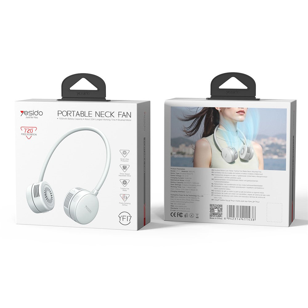 Portable Neck Fan - YESIDO YF17 Portable Summer Neck Fan Hands Free 3 Speed Settings Personal Cooling Fan