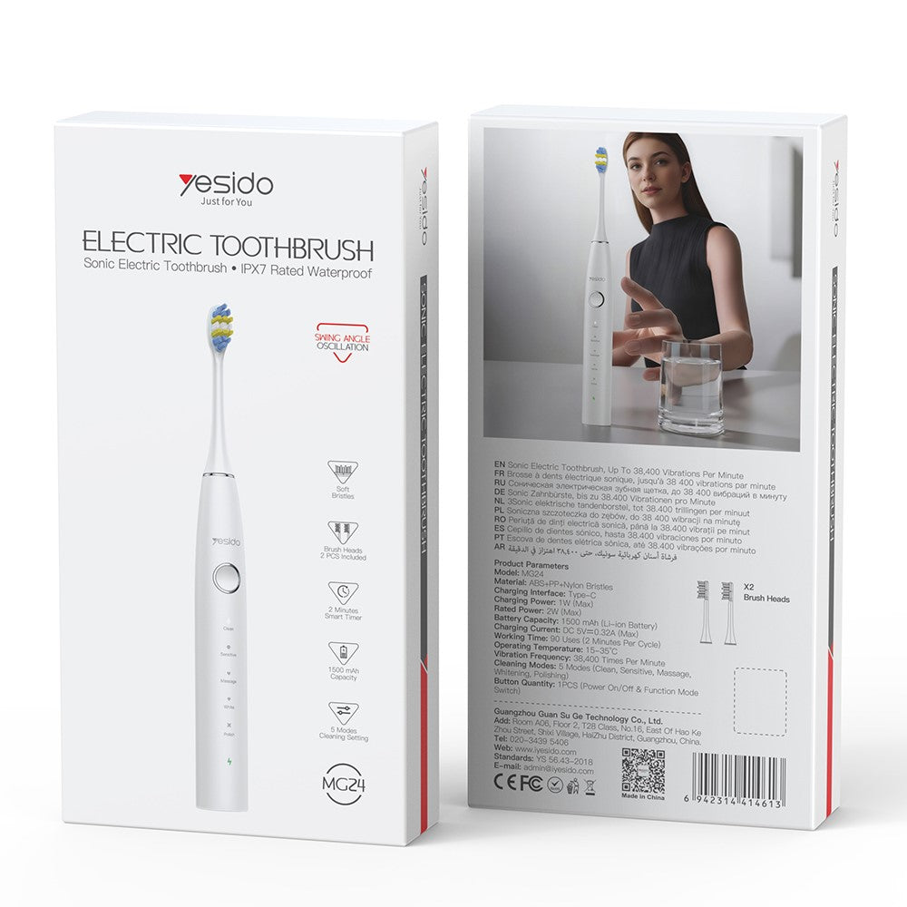 Electric Toothbrush - YESIDO MG24 IPX7 Waterproof Sonic Electric Toothbrush 38400 VPM Long Battery Ergonomic Handle