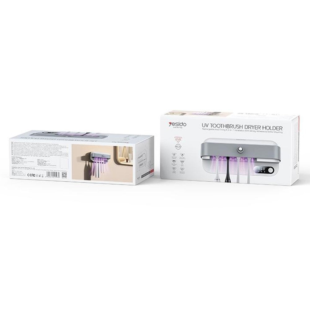Toothbrush Dryer Kit - YESIDO MG32 UV Toothbrush Sterilizer Dryer Holder 4 Slots Wall Mount Digital Display Storage Sterilization Box for Bathroom