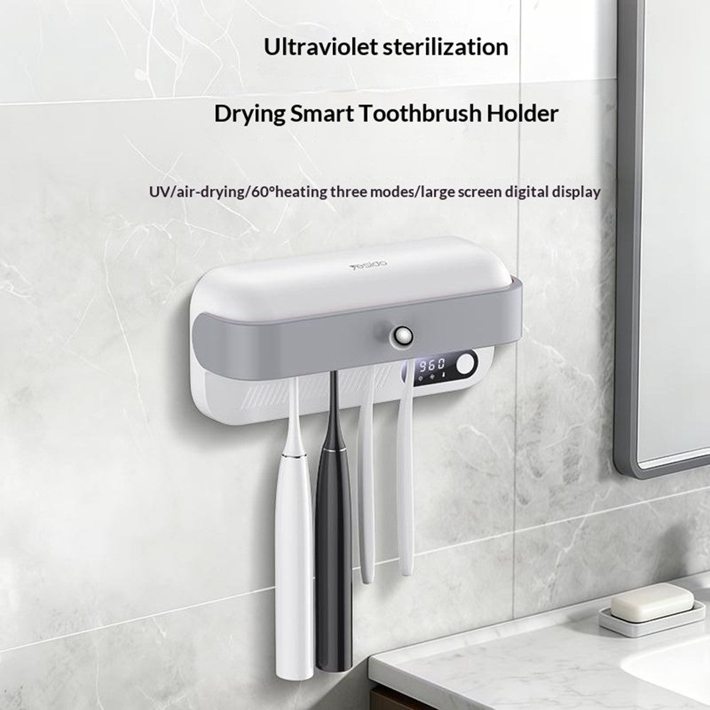 Toothbrush Dryer Kit - YESIDO MG32 UV Toothbrush Sterilizer Dryer Holder 4 Slots Wall Mount Digital Display Storage Sterilization Box for Bathroom