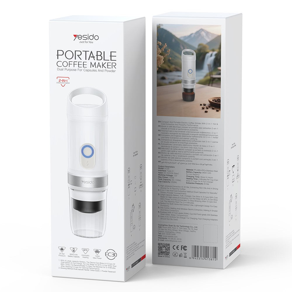 Portable Coffee Maker - YESIDO EC30 Portable Espresso Coffee Maker 20Bar 9600mAh Wireless Capsule Coffee Machine with Heating for Travel and Camping