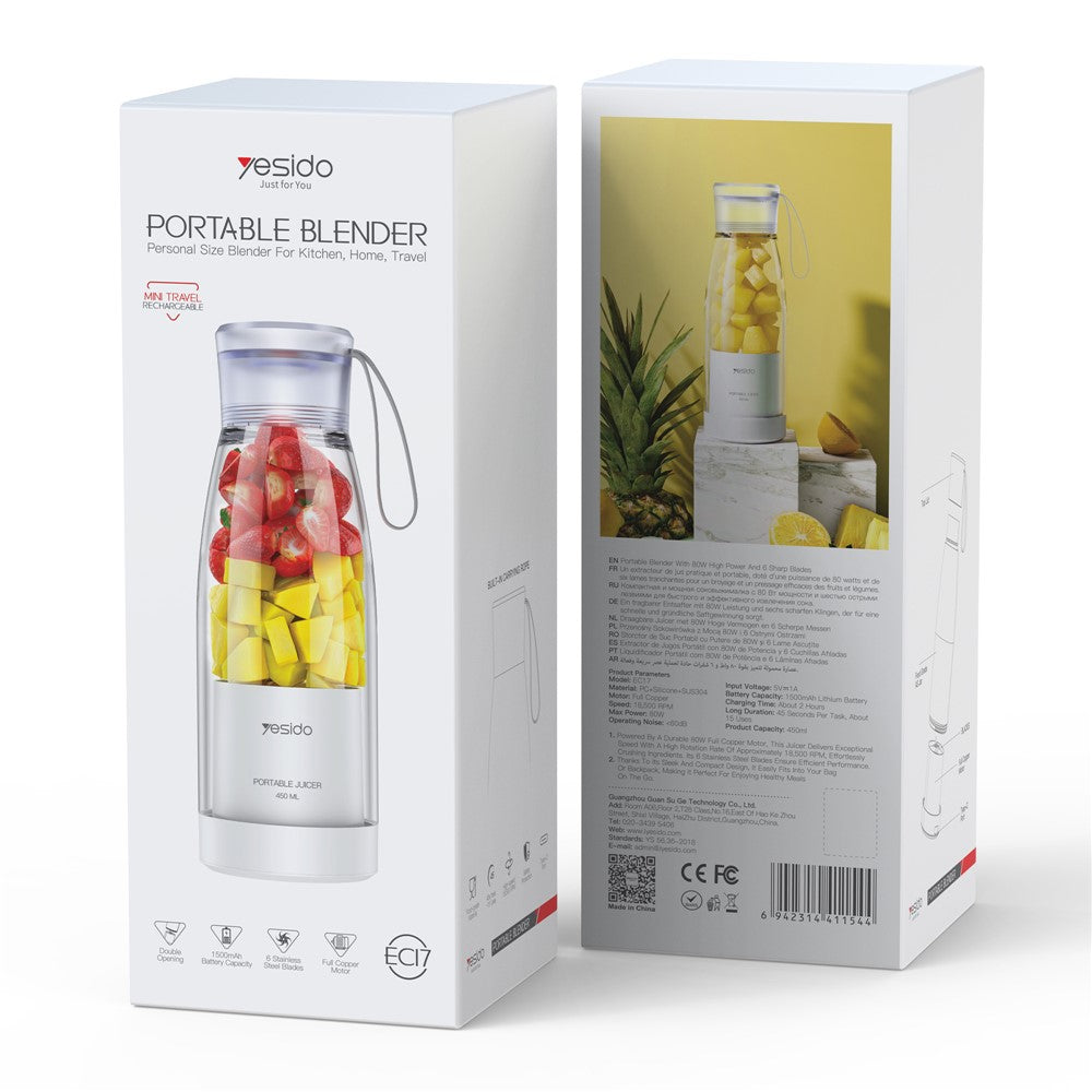 Portable Blender - YESIDO EC17 450ml Portable Juicer 18500 RPM 80W Rechargeable 304 Stainless Steel Blender (BPA Free, No FDA)