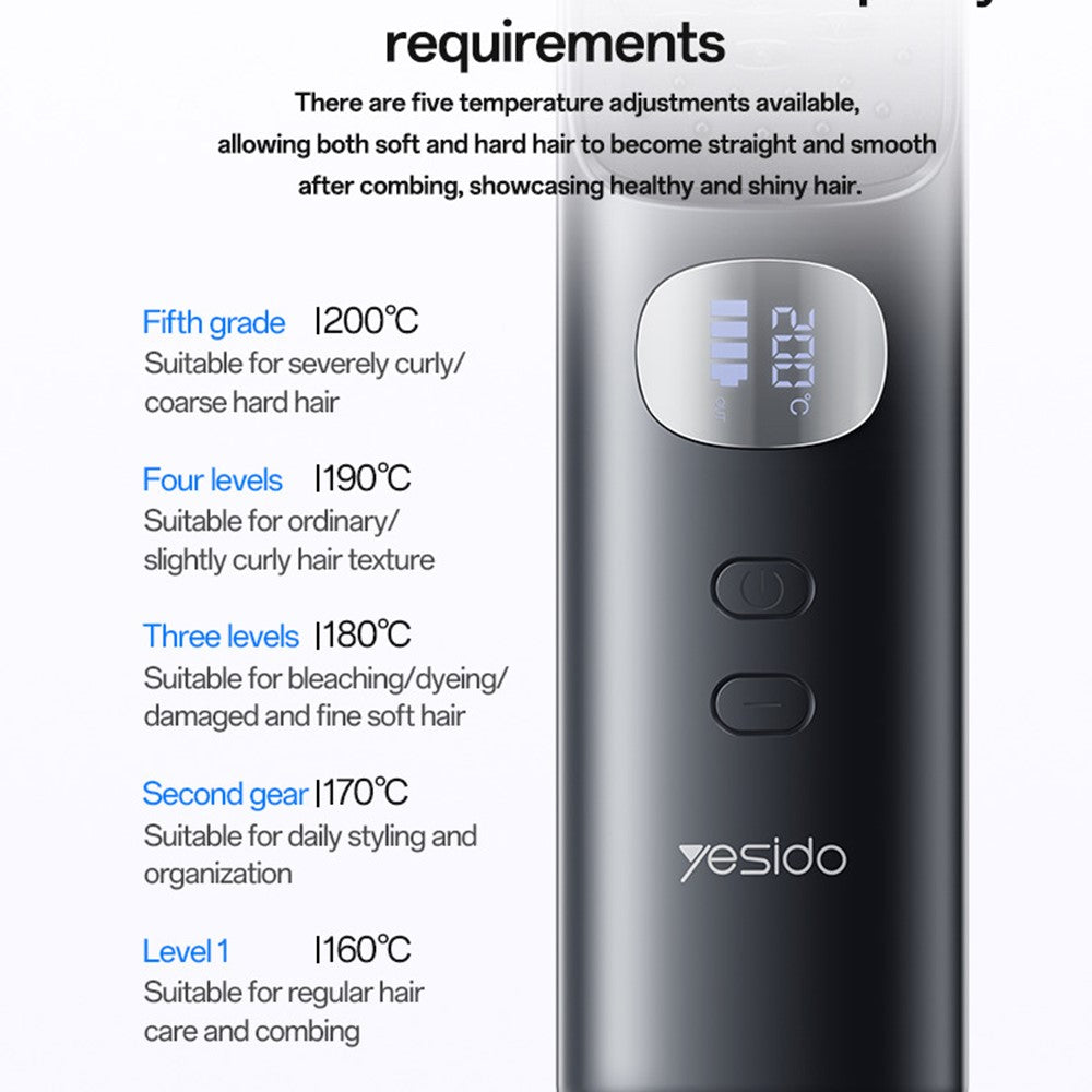 Hair Straightener - YESIDO MG23 Wireless Hair Straightener Brush 2 in 1 Straighten and Curl Styling Tool 3 Temp Settings Digital Display