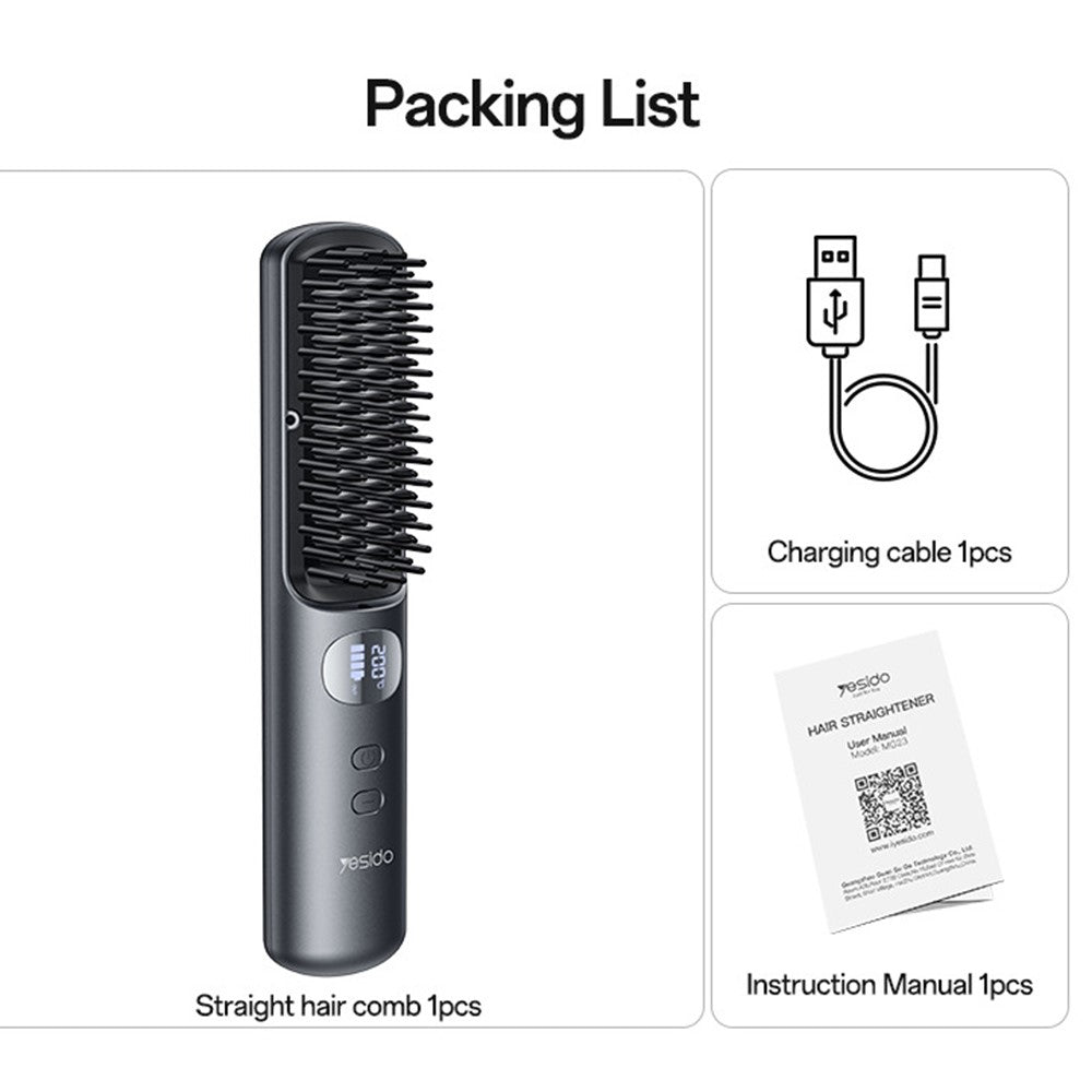 Hair Straightener - YESIDO MG23 Wireless Hair Straightener Brush 2 in 1 Straighten and Curl Styling Tool 3 Temp Settings Digital Display