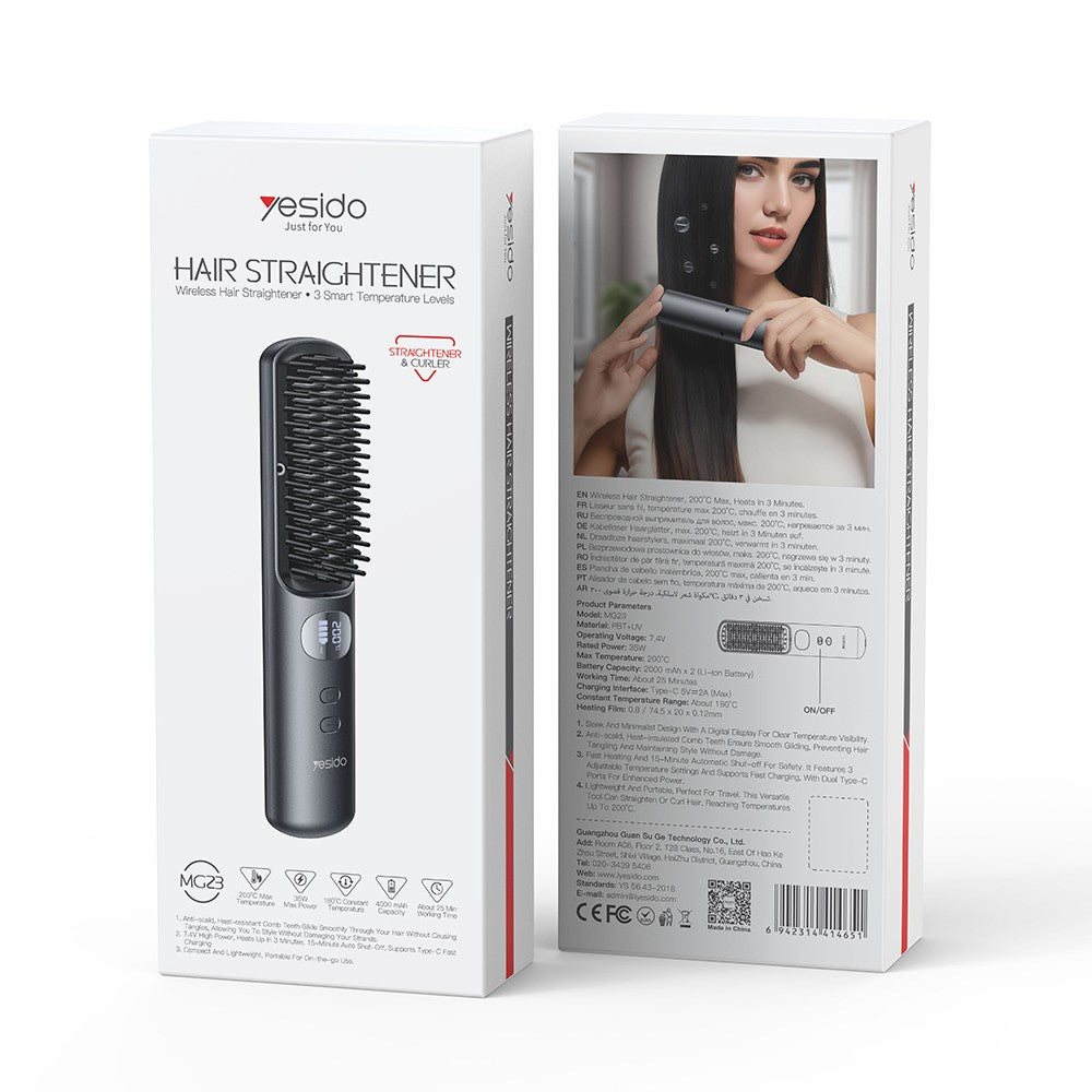 Hair Straightener - YESIDO MG23 Wireless Hair Straightener Brush 2 in 1 Straighten and Curl Styling Tool 3 Temp Settings Digital Display