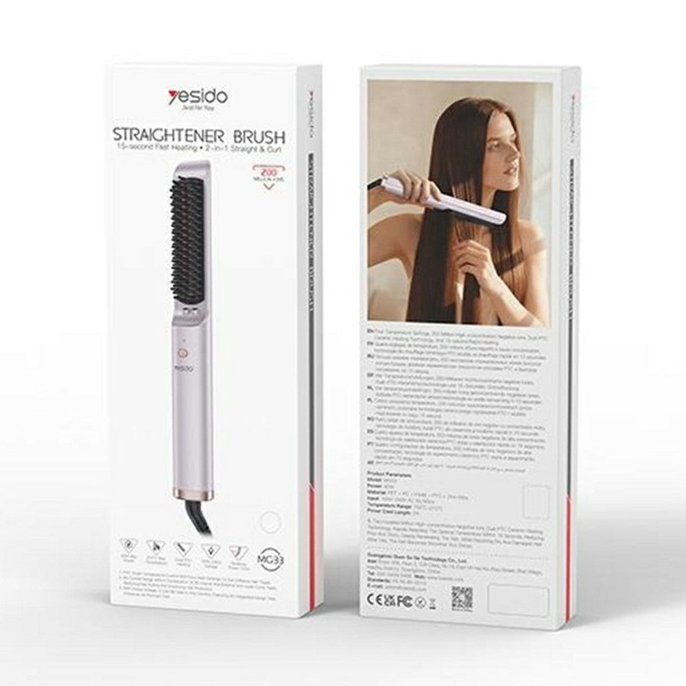 Straightener Brush - YESIDO MG33 EU Plug Hair Straightener Brush Smart Temperature Control Negative lon Hair Straightening Comb