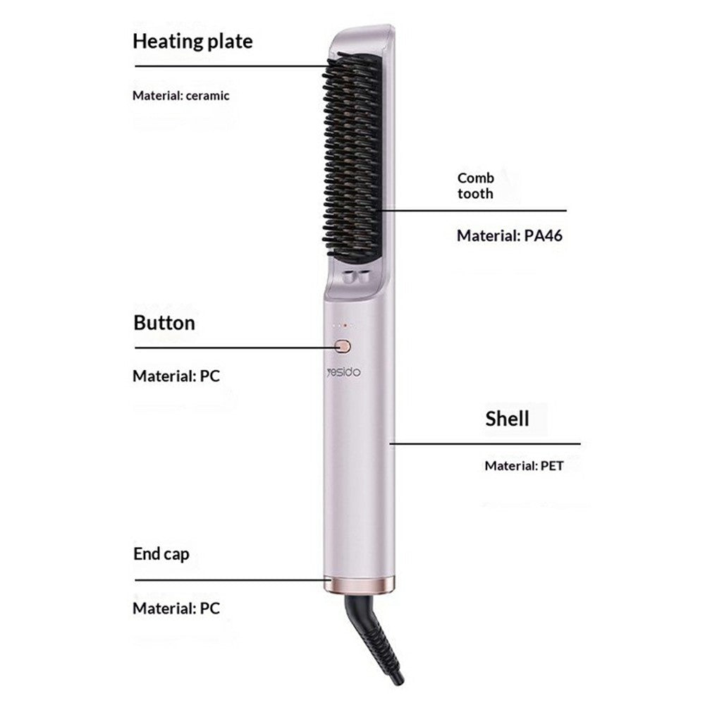 Straightener Brush - YESIDO MG33 EU Plug Hair Straightener Brush Smart Temperature Control Negative lon Hair Straightening Comb