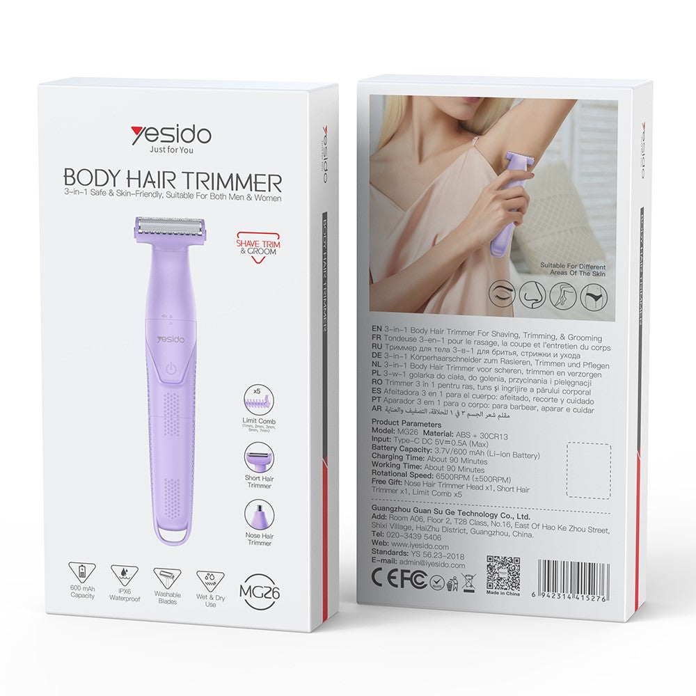 Body Hair Trimmer - YESIDO MG26 3 in 1 IPX6 Waterproof Multi-Functional Body Hair Trimmer Wet Dry Use for Shaving / Trimming / Grooming