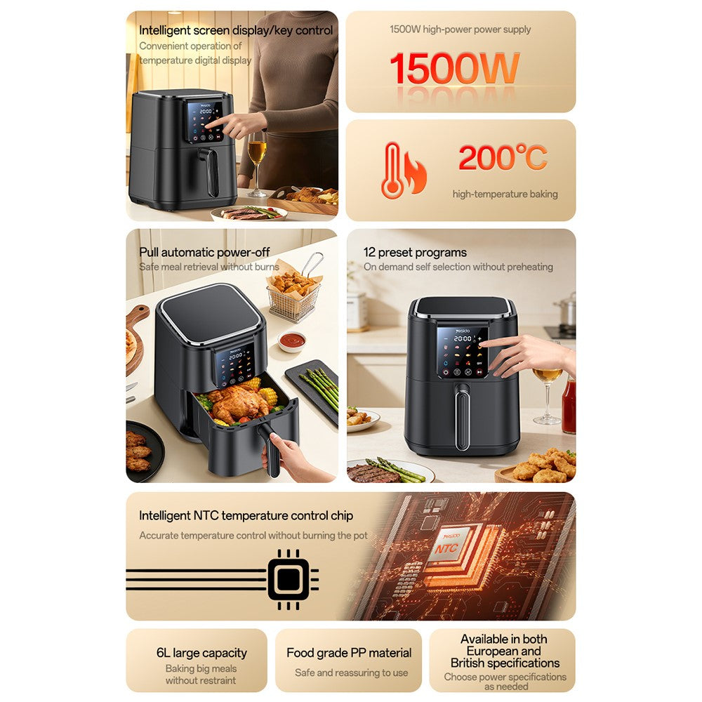 Air Fryer - YESIDO EC35 6L Air Fryer 1500W 12 Preset Menus Touchscreen NTC Temperature Control Electric Kettle (BPA-Free, No FDA)
