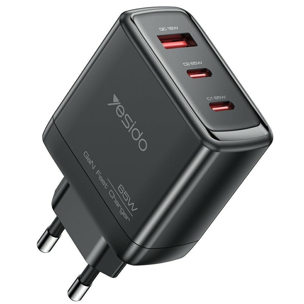 GaN Charger - YESIDO YC144 EU Plug 65W GaN Charger 2 USB C + 1 USB A Fast Charging Adapter Multi-Protocol Compatible