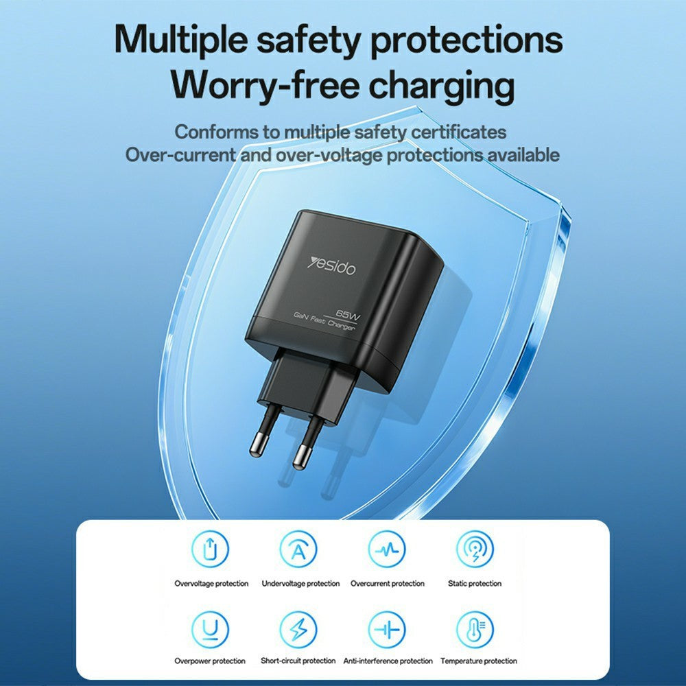 GaN Charger - YESIDO YC144 EU Plug 65W GaN Charger 2 USB C + 1 USB A Fast Charging Adapter Multi-Protocol Compatible