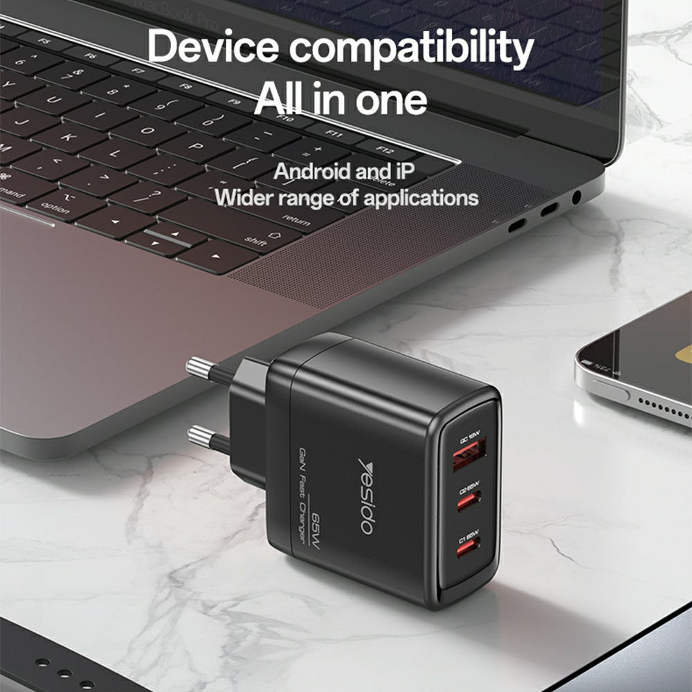 GaN Charger - YESIDO YC144 EU Plug 65W GaN Charger 2 USB C + 1 USB A Fast Charging Adapter Multi-Protocol Compatible