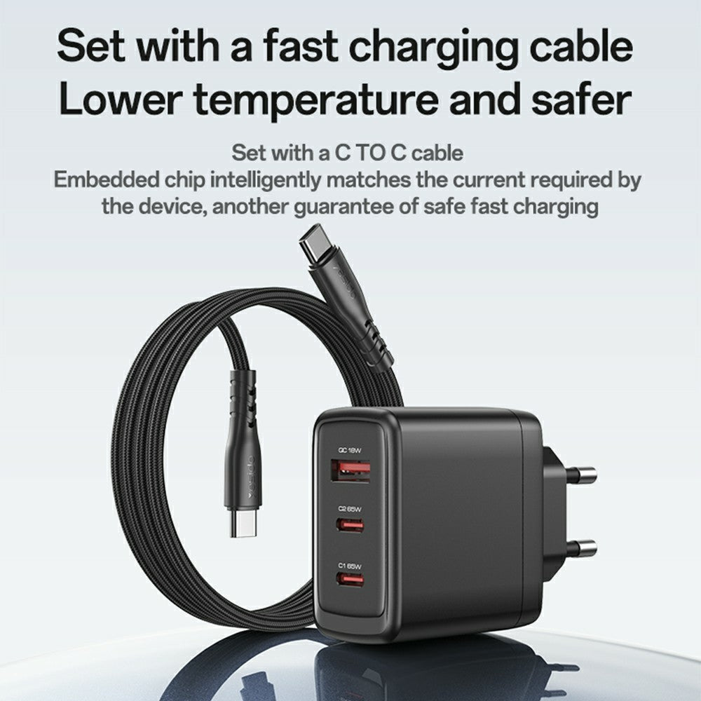 GaN Charger - YESIDO YC144 EU Plug 65W GaN Charger 2 USB C + 1 USB A Fast Charging Adapter Multi-Protocol Compatible