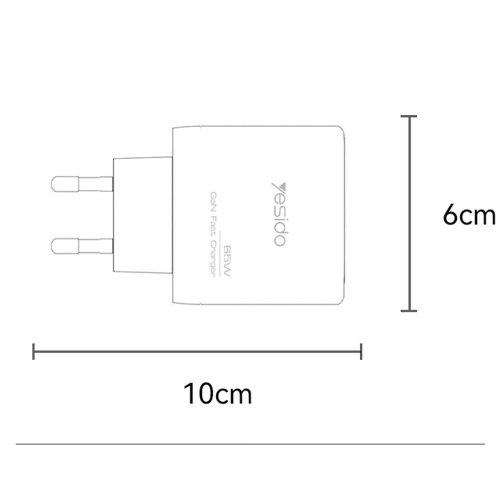GaN Charger - YESIDO YC144 EU Plug 65W GaN Charger 2 USB C + 1 USB A Fast Charging Adapter Multi-Protocol Compatible
