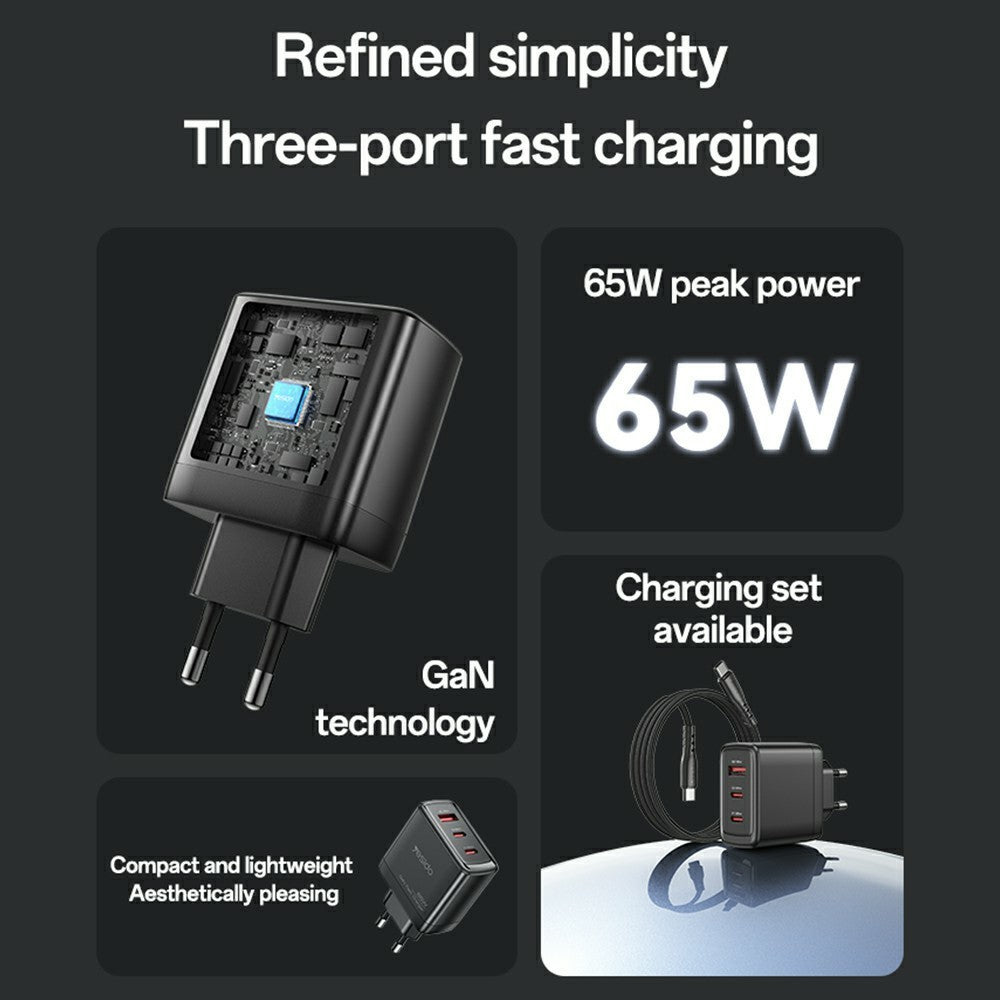 GaN Charger - YESIDO YC144 EU Plug 65W GaN Charger 2 USB C + 1 USB A Fast Charging Adapter Multi-Protocol Compatible