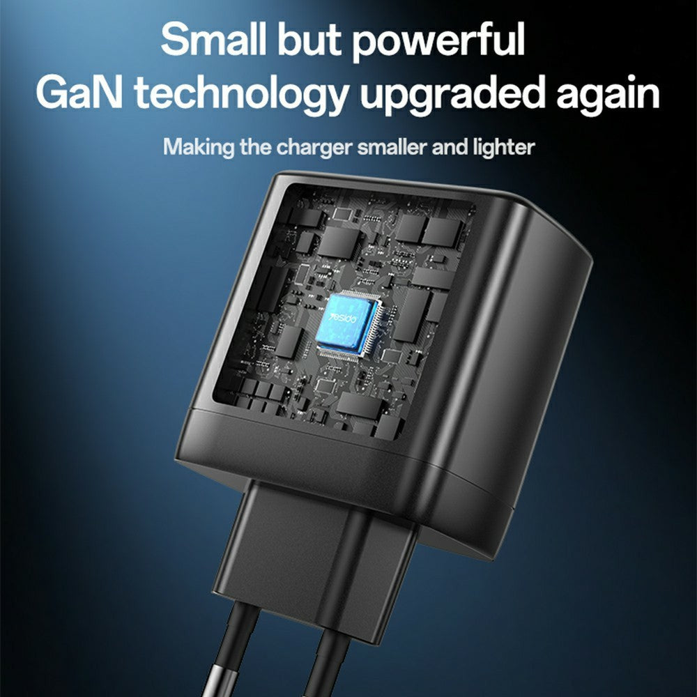 GaN Charger - YESIDO YC144 EU Plug 65W GaN Charger 2 USB C + 1 USB A Fast Charging Adapter Multi-Protocol Compatible