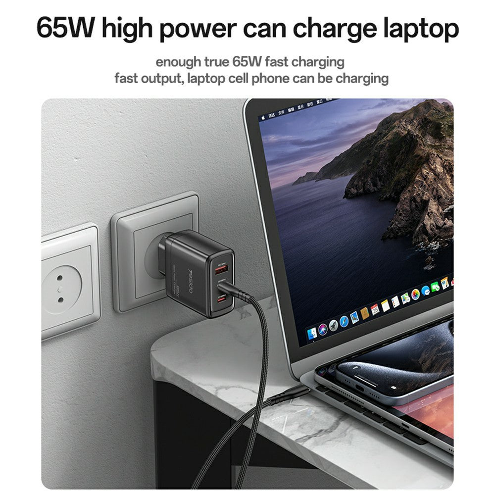 GaN Charger - YESIDO YC144 EU Plug 65W GaN Charger 2 USB C + 1 USB A Fast Charging Adapter Multi-Protocol Compatible