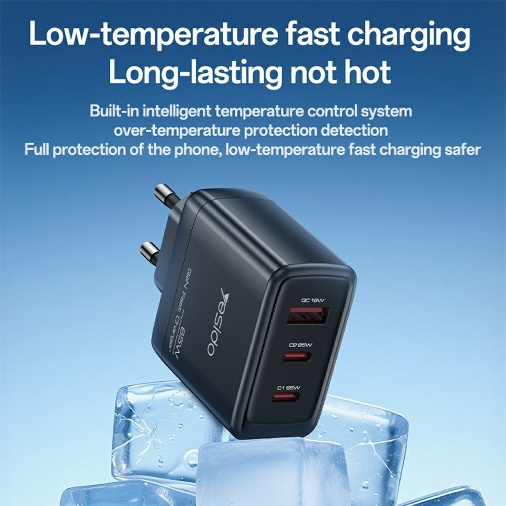 GaN Charger - YESIDO YC144 EU Plug 65W GaN Charger 2 USB C + 1 USB A Fast Charging Adapter Multi-Protocol Compatible