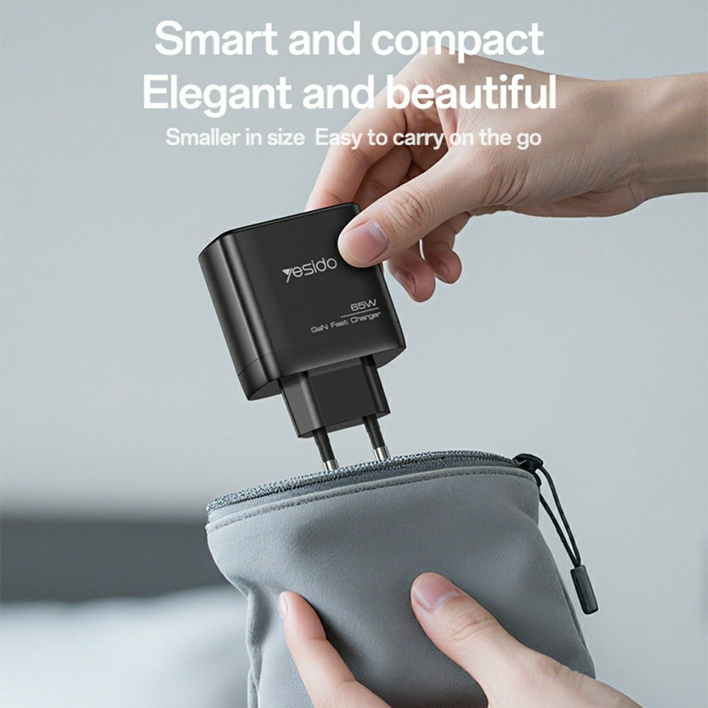 GaN Charger - YESIDO YC144 EU Plug 65W GaN Charger 2 USB C + 1 USB A Fast Charging Adapter Multi-Protocol Compatible