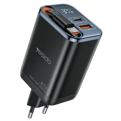 Gan Charger - YESIDO YC100 EU Plug 67W GaN Charger with 65cm Retractable Type C Cable Digital Display Fast Charging Adapter