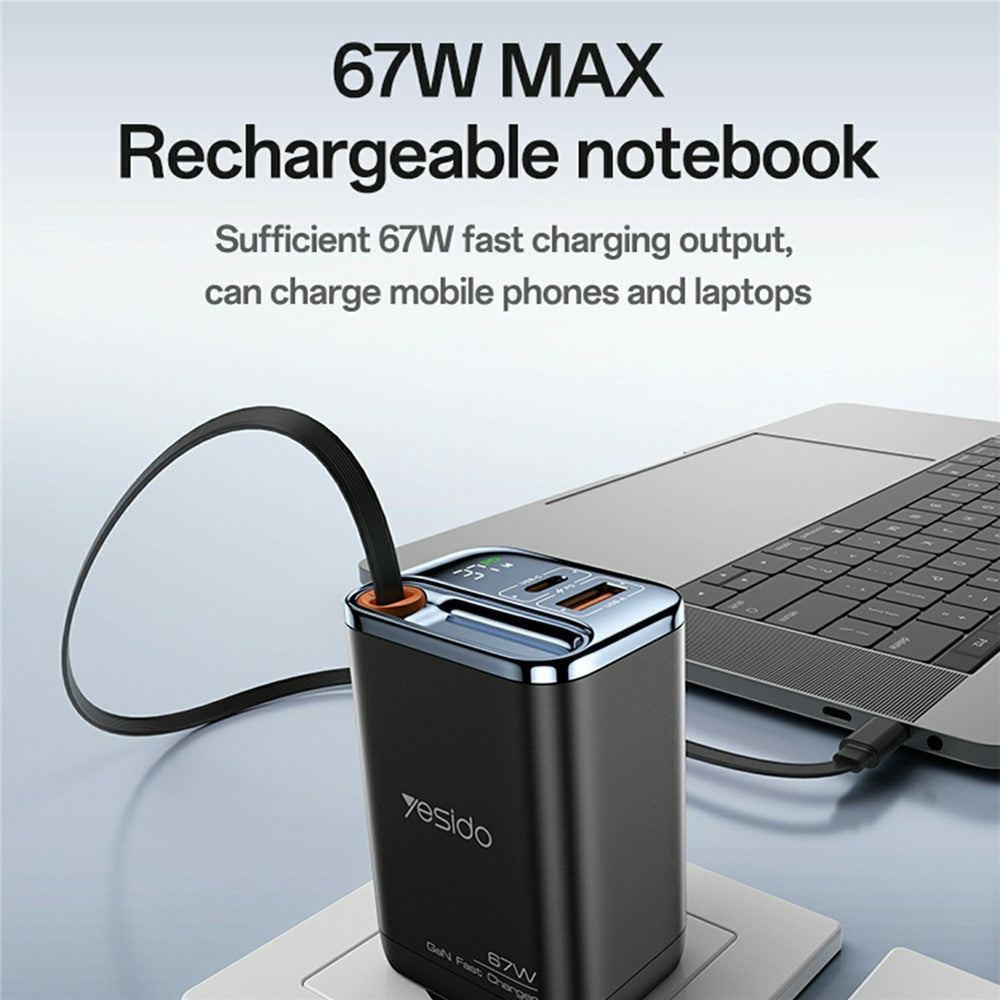 Gan Charger - YESIDO YC100 EU Plug 67W GaN Charger with 65cm Retractable Type C Cable Digital Display Fast Charging Adapter