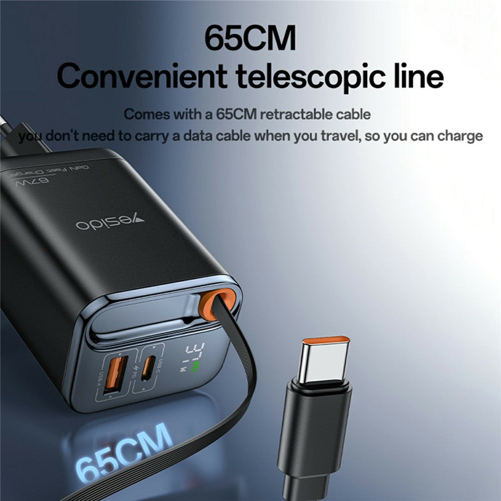Gan Charger - YESIDO YC100 EU Plug 67W GaN Charger with 65cm Retractable Type C Cable Digital Display Fast Charging Adapter