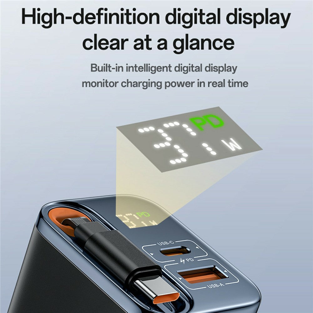 Gan Charger - YESIDO YC100 EU Plug 67W GaN Charger with 65cm Retractable Type C Cable Digital Display Fast Charging Adapter