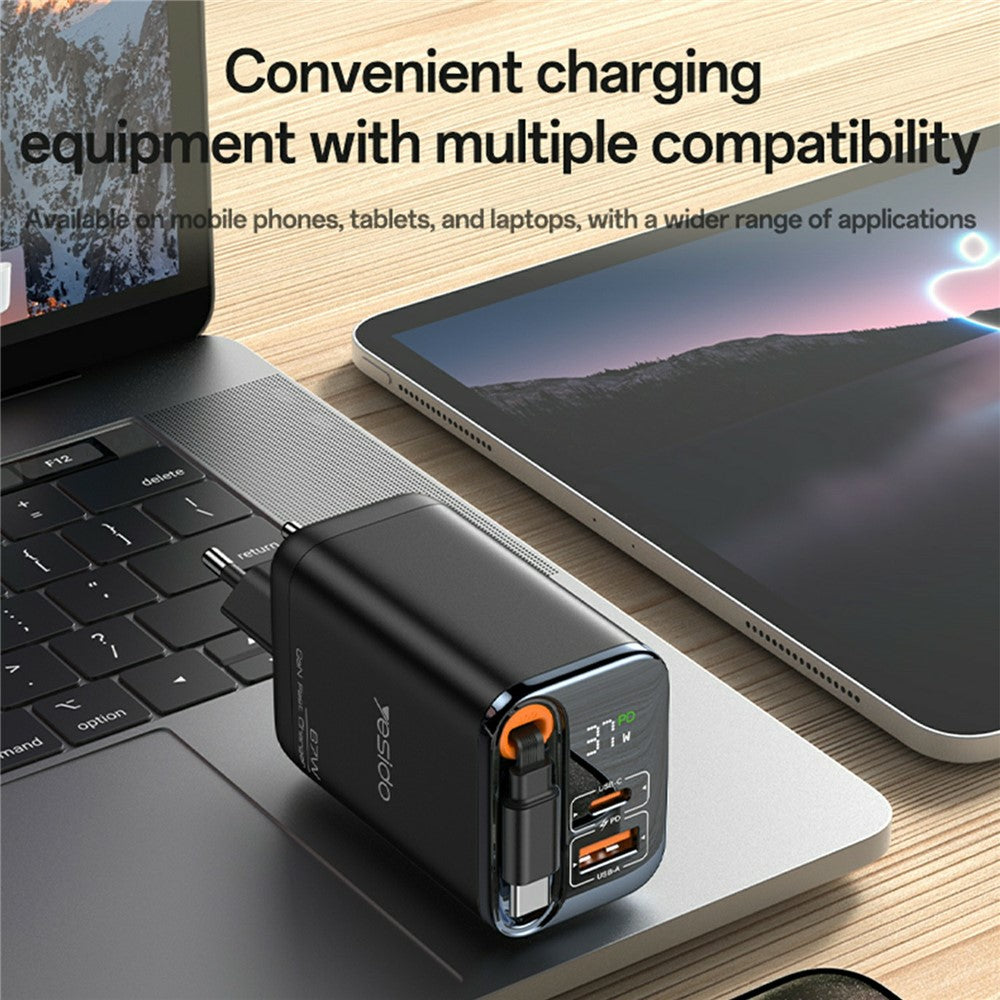 Gan Charger - YESIDO YC100 EU Plug 67W GaN Charger with 65cm Retractable Type C Cable Digital Display Fast Charging Adapter