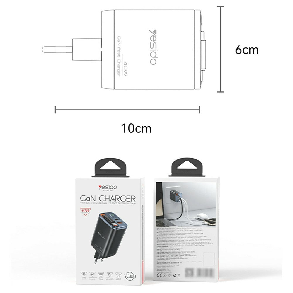 Gan Charger - YESIDO YC100 EU Plug 67W GaN Charger with 65cm Retractable Type C Cable Digital Display Fast Charging Adapter