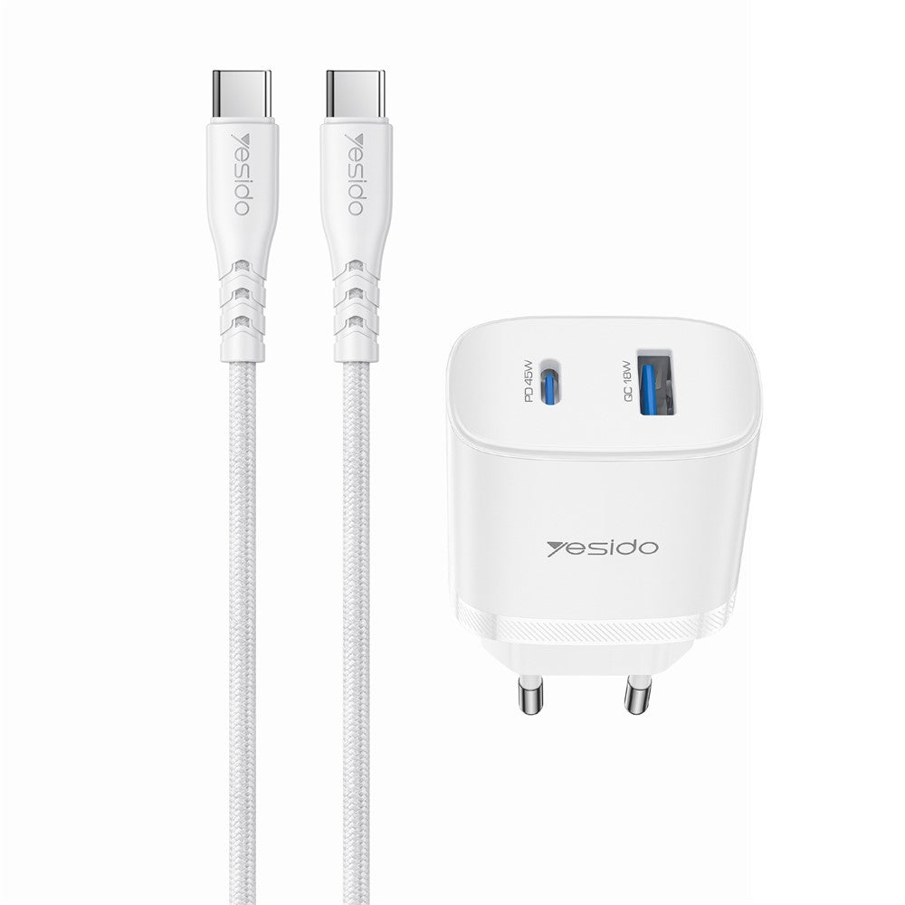 Quick Charger -  YESIDO YC110 EU Plug PD 45W USB-C + QC 18W USB-A Wall Charger Dual Port Fast Charging Adapter with 1m Type-C Cable