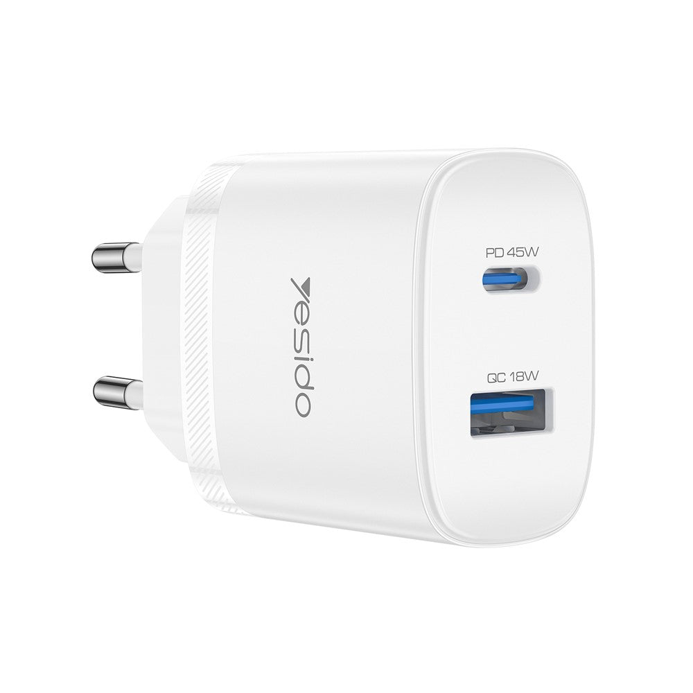 Quick Charger -  YESIDO YC110 EU Plug PD 45W USB-C + QC 18W USB-A Wall Charger Dual Port Fast Charging Adapter with 1m Type-C Cable