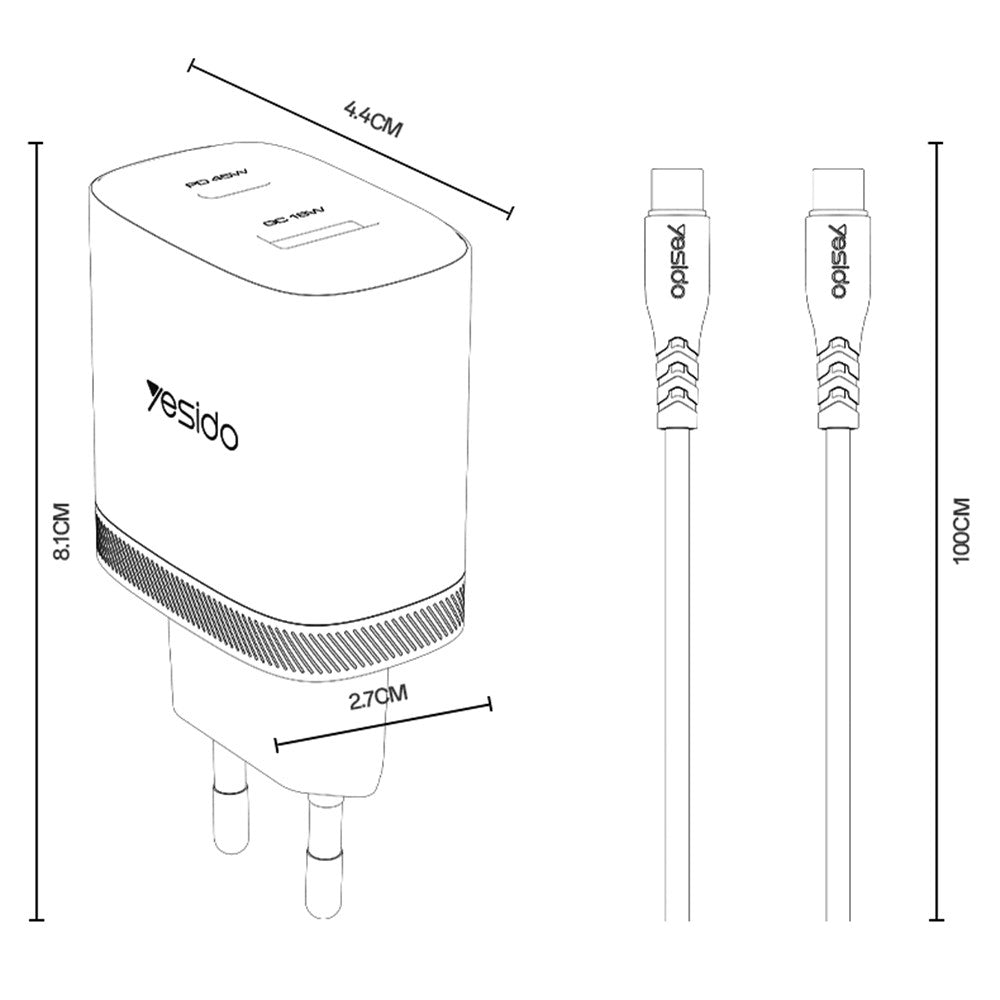 Quick Charger -  YESIDO YC110 EU Plug PD 45W USB-C + QC 18W USB-A Wall Charger Dual Port Fast Charging Adapter with 1m Type-C Cable