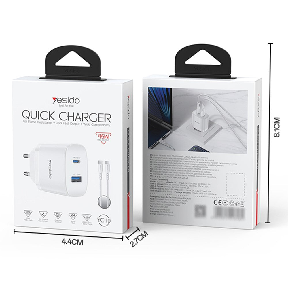 Quick Charger -  YESIDO YC110 EU Plug PD 45W USB-C + QC 18W USB-A Wall Charger Dual Port Fast Charging Adapter with 1m Type-C Cable