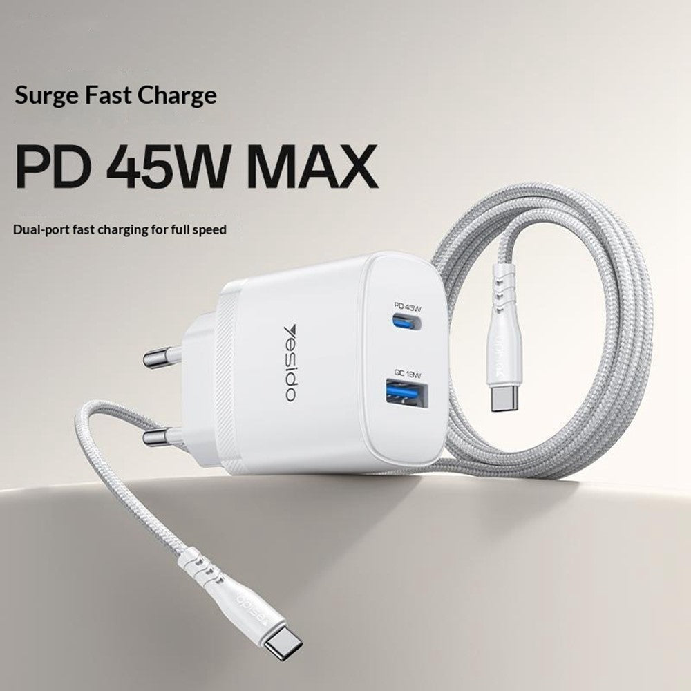 Quick Charger -  YESIDO YC110 EU Plug PD 45W USB-C + QC 18W USB-A Wall Charger Dual Port Fast Charging Adapter with 1m Type-C Cable