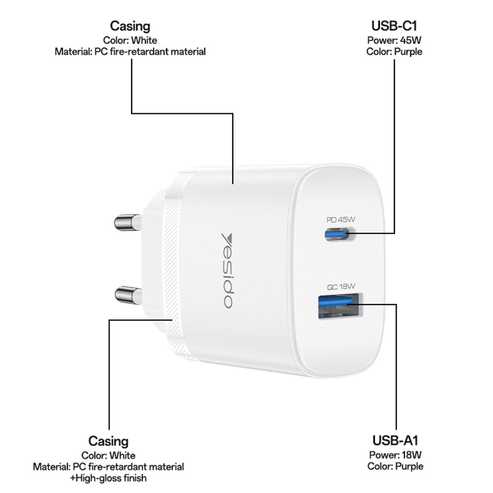 Quick Charger -  YESIDO YC110 EU Plug PD 45W USB-C + QC 18W USB-A Wall Charger Dual Port Fast Charging Adapter with 1m Type-C Cable