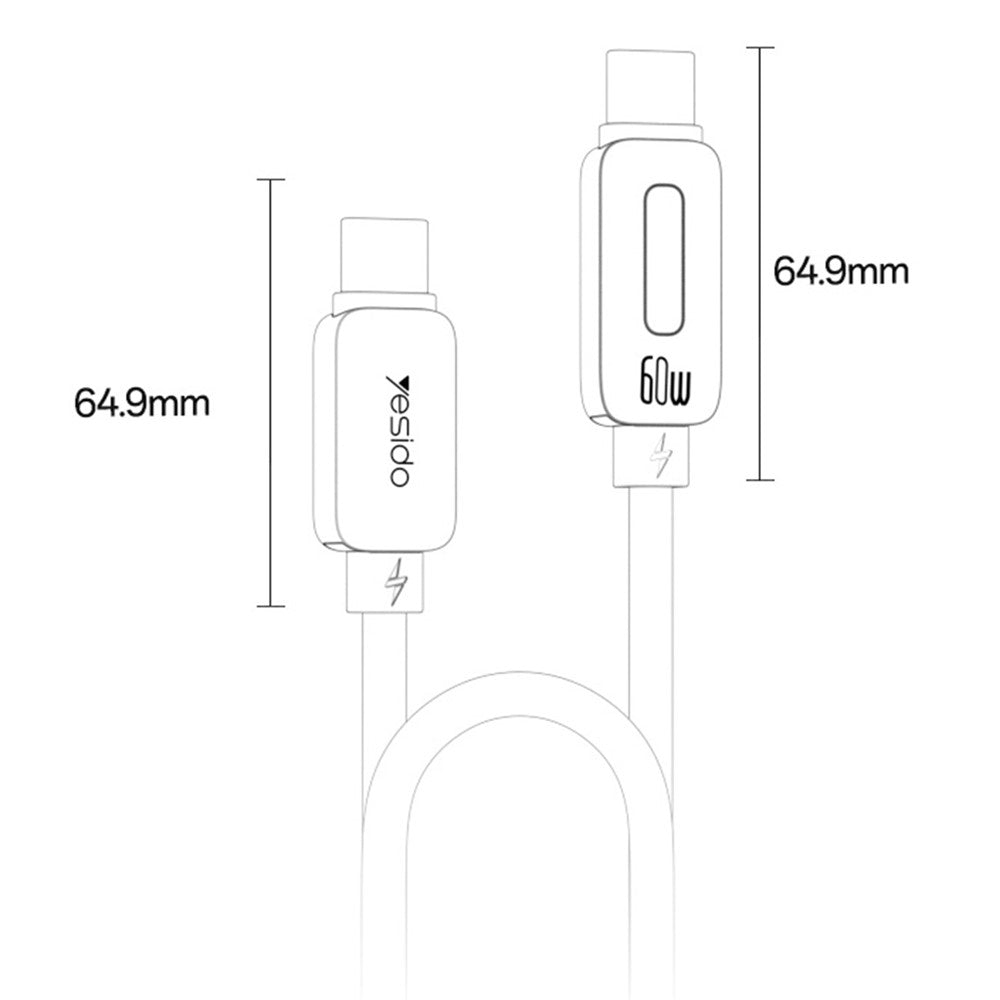 Dual Type C - YESIDO CA198 60W 3A USB-C to USB-C Cable Zinc Alloy Flowing Light Braided Data Cable