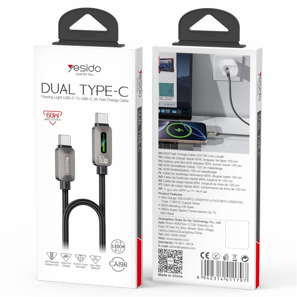 Dual Type C - YESIDO CA198 60W 3A USB-C to USB-C Cable Zinc Alloy Flowing Light Braided Data Cable
