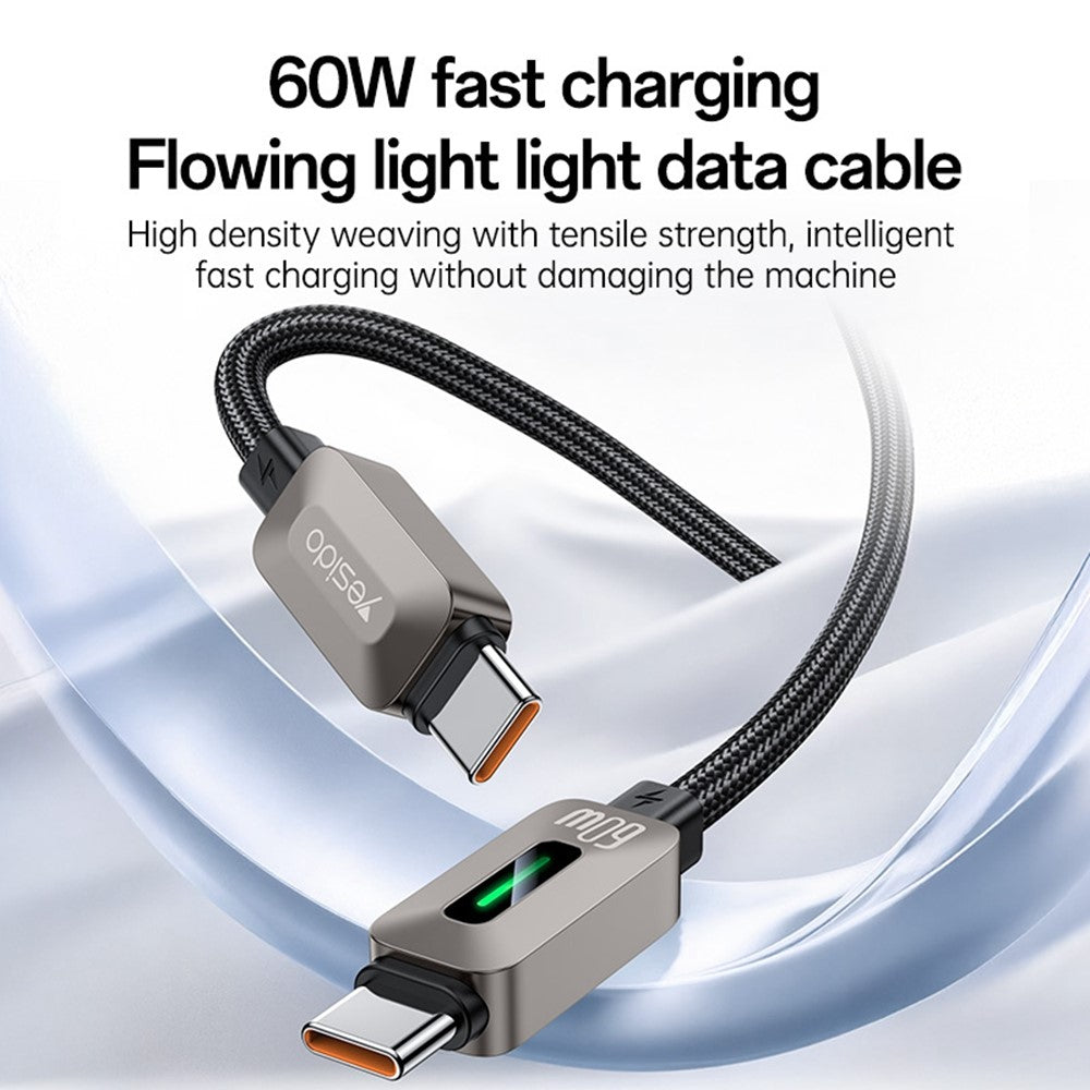 Dual Type C - YESIDO CA198 60W 3A USB-C to USB-C Cable Zinc Alloy Flowing Light Braided Data Cable