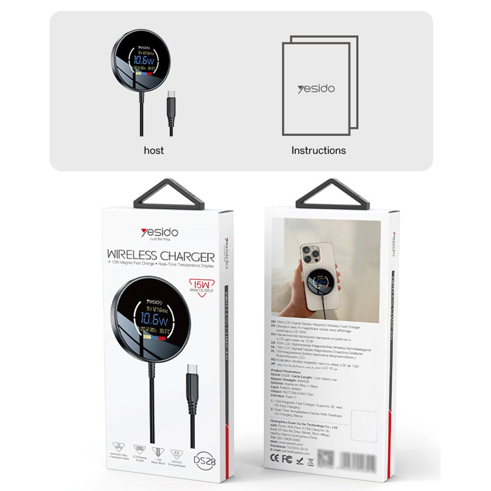 Wireless Charger - YESIDO DS28 Magnetic Wireless Charger with Digital Display Fast Charging Pad with 1.2m Type C Cable