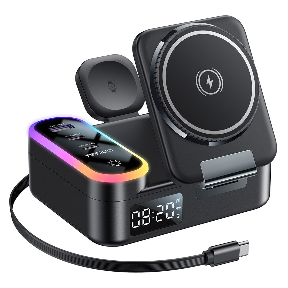 Wireless Charging - YESIDO DS38 65W Magnetic Wireless Charging Station for Phone/Watch/Earphones with Digital Clock and Retractable Type-C Cable