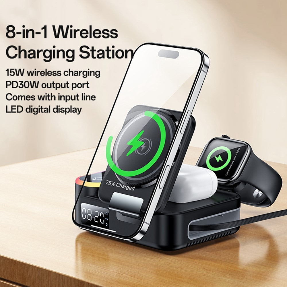 Wireless Charging - YESIDO DS38 65W Magnetic Wireless Charging Station for Phone/Watch/Earphones with Digital Clock and Retractable Type-C Cable
