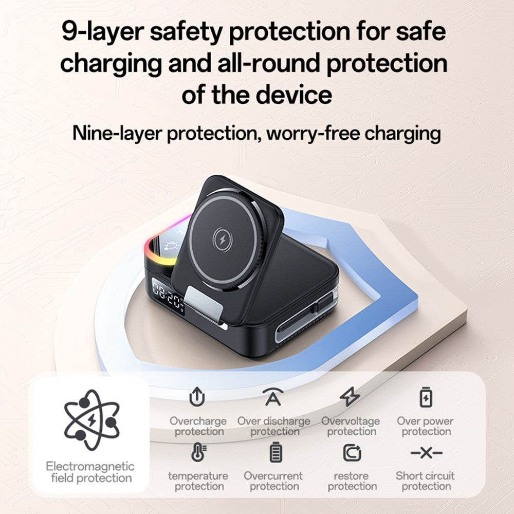 Wireless Charging - YESIDO DS38 65W Magnetic Wireless Charging Station for Phone/Watch/Earphones with Digital Clock and Retractable Type-C Cable