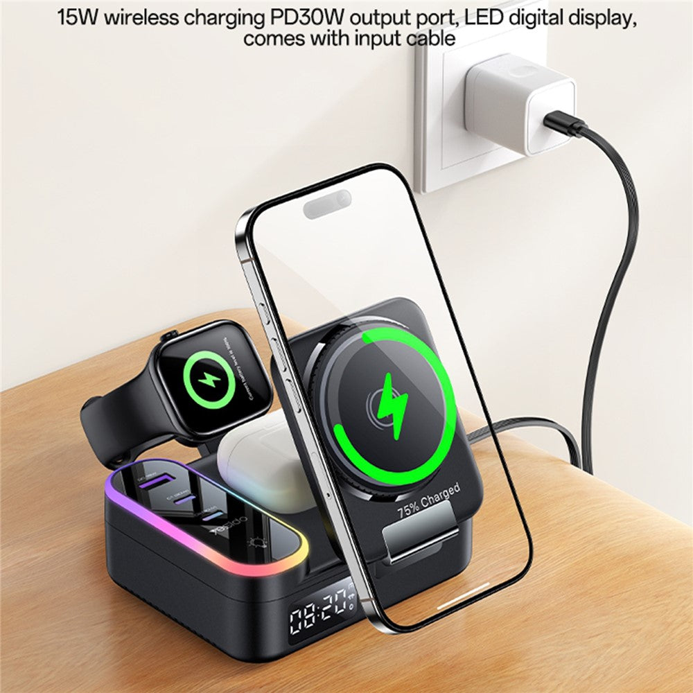 Wireless Charging - YESIDO DS38 65W Magnetic Wireless Charging Station for Phone/Watch/Earphones with Digital Clock and Retractable Type-C Cable
