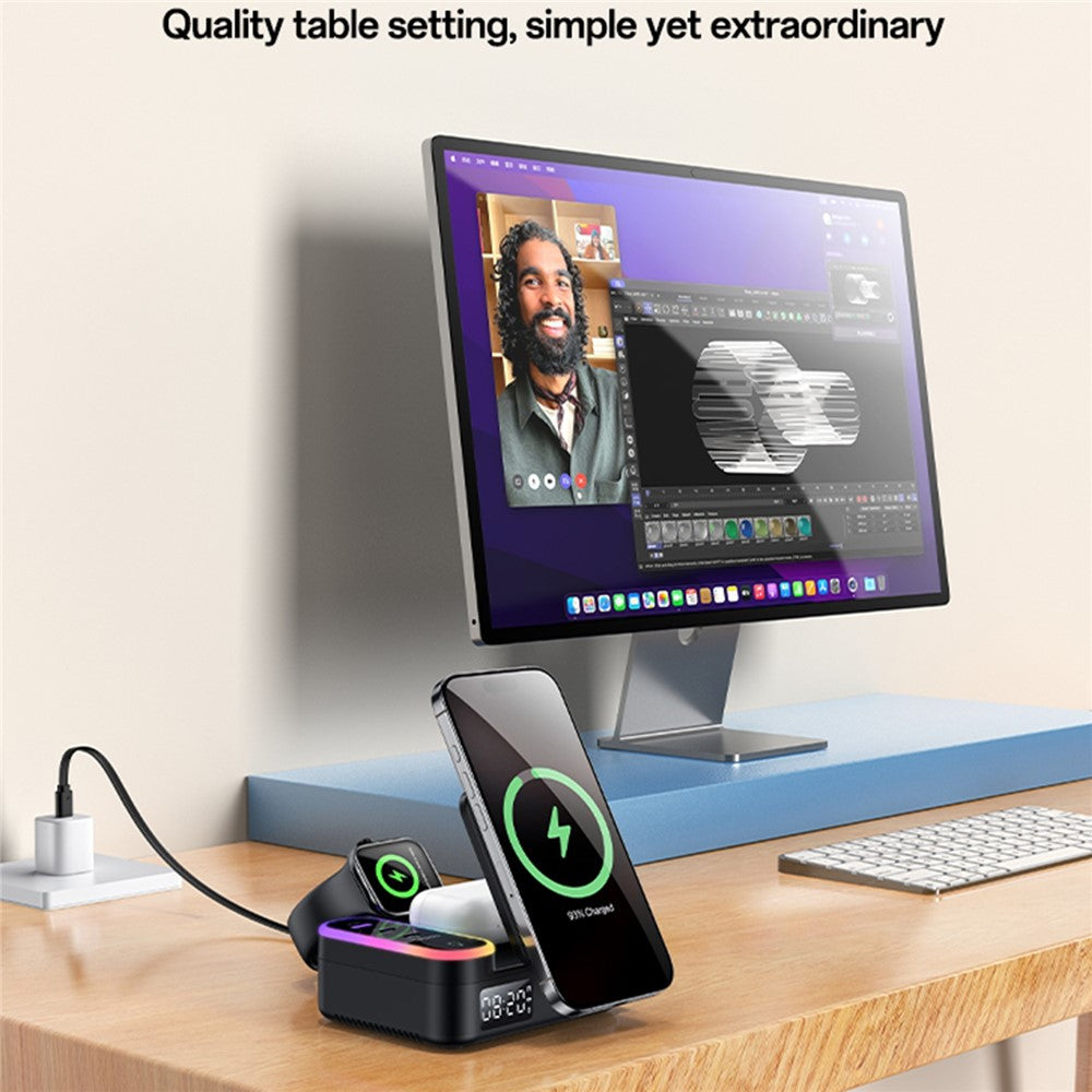 Wireless Charging - YESIDO DS38 65W Magnetic Wireless Charging Station for Phone/Watch/Earphones with Digital Clock and Retractable Type-C Cable