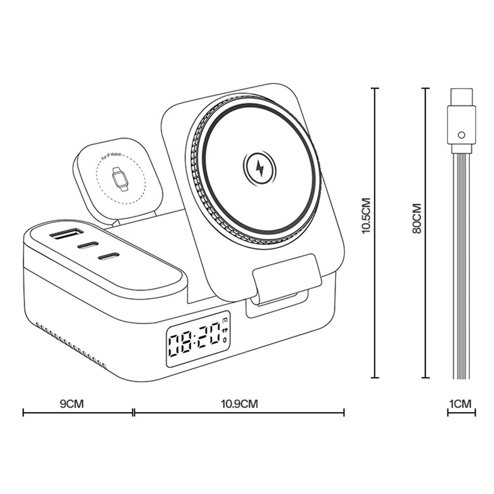 Wireless Charging - YESIDO DS38 65W Magnetic Wireless Charging Station for Phone/Watch/Earphones with Digital Clock and Retractable Type-C Cable
