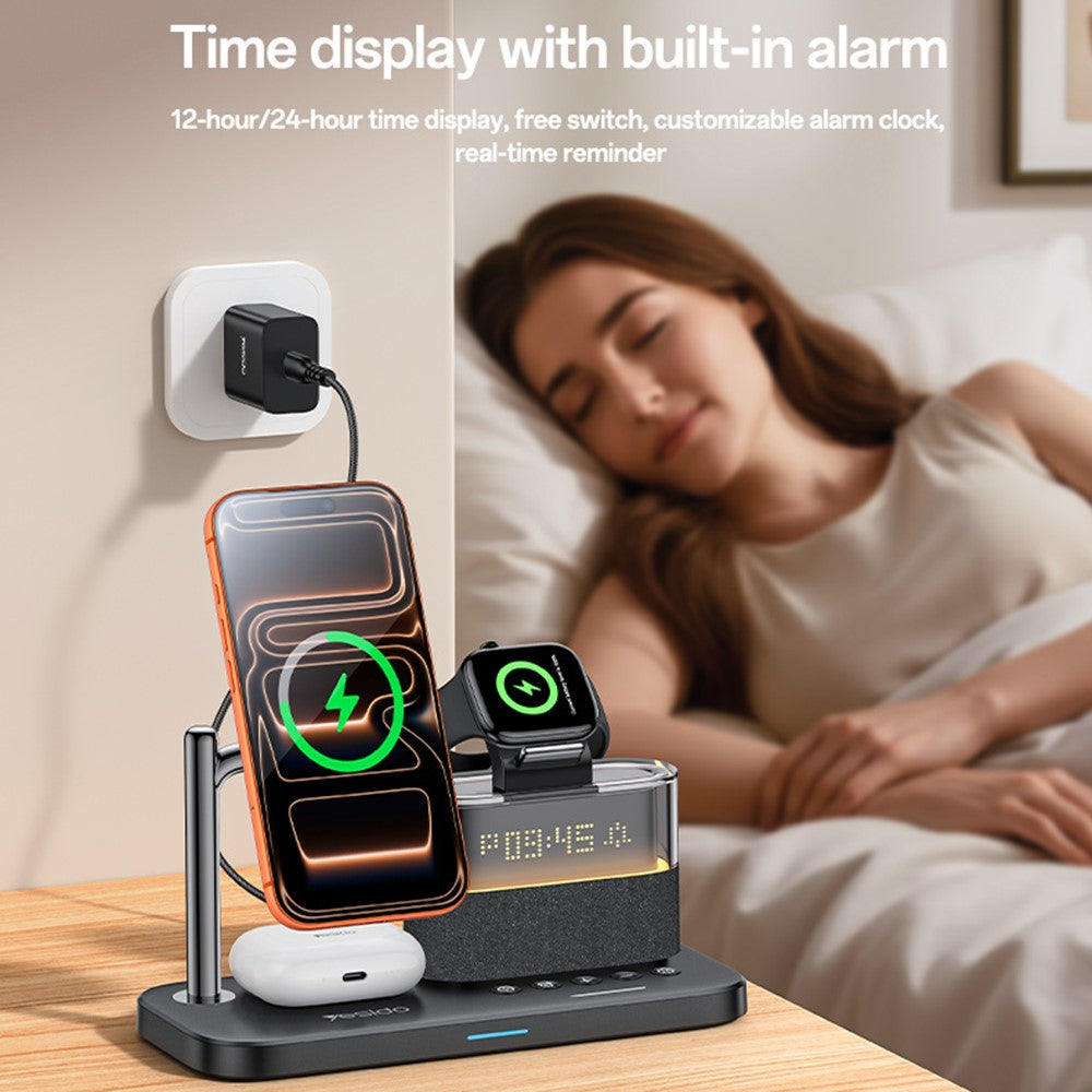 Wireless Charger - YESIDO DS37 6 in 1 Desktop Wireless Charger Stand Multi-Function Charging Station with Clock / Light