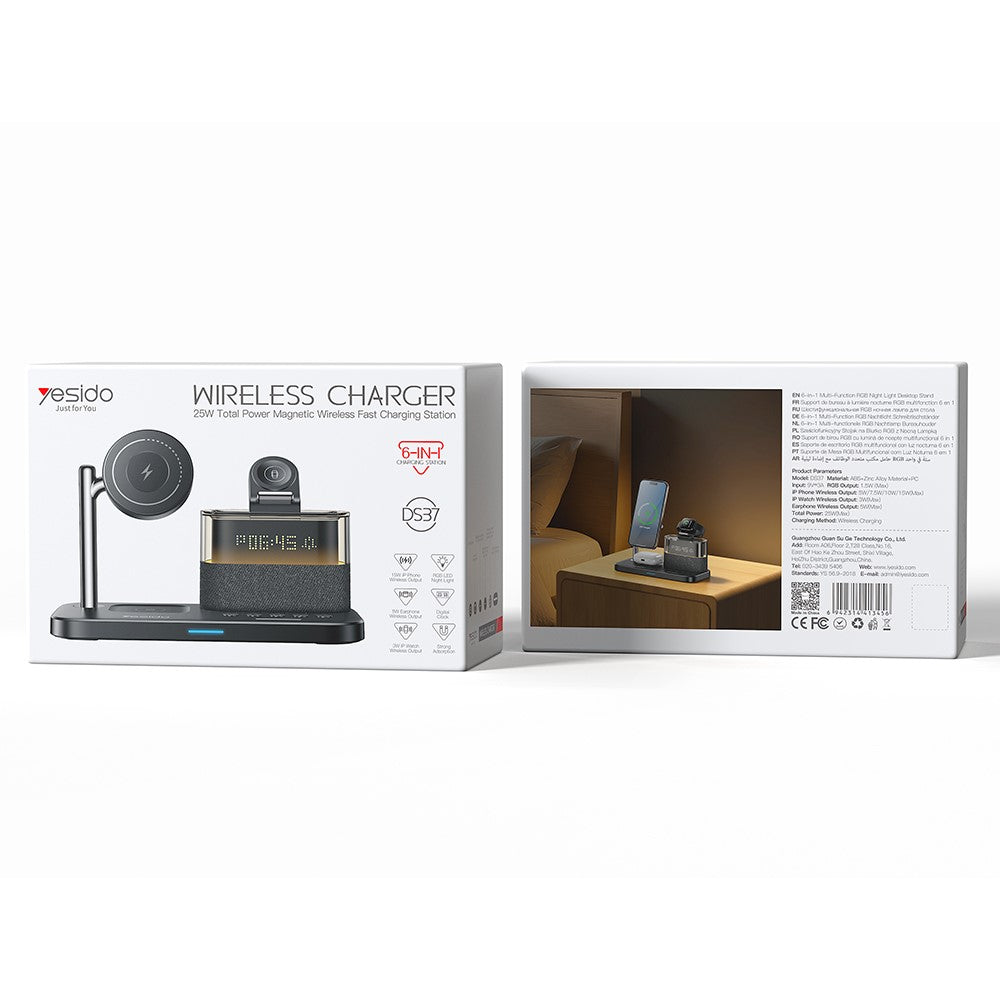 Wireless Charger - YESIDO DS37 6 in 1 Desktop Wireless Charger Stand Multi-Function Charging Station with Clock / Light